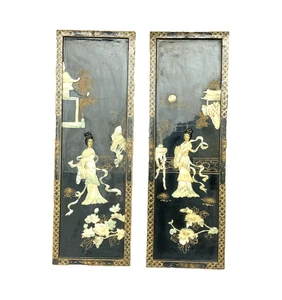 2- Vintage Orientalische Geisha Asiatisch 12"x36" Wandpaneele Schwarz Lack Perlmutt - Bild 1 von 2