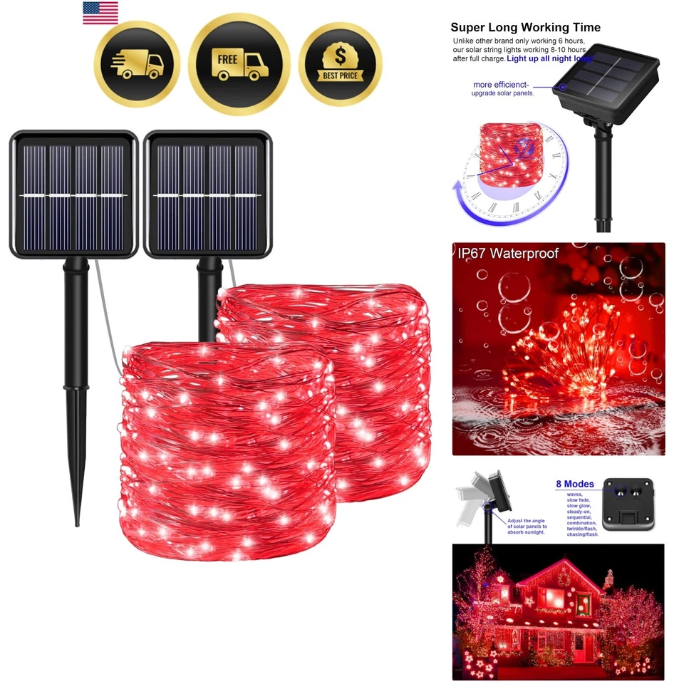 Solar Copper String Lights 72ft 100 Led(2 Pack) 8 Modes Outdoor Halloween String