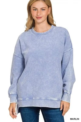 Zenana Acid Washed Double Ribbed Round Neck Tunic Sweatshirt in Light Blue - Image 1 of 4