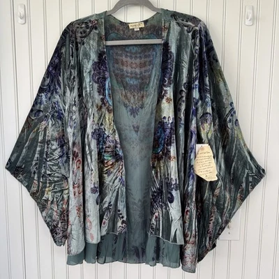 One World Velvet Kimono 3X Open Teal Gypsy Festival Whimsigoth Fairy Ethereal - Image 1 of 4