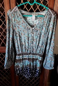 🪇Mimi Chica Boho Long Sleeve Shorts Romper Floral Aqua Brown Turquoise Sexy XS - Picture 1 of 14