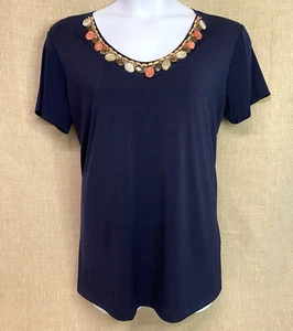 Vtg CAROLYN STRAUSS Size L Beaded Blouse Navy Blue Short Sleeve - USA Made - Picture 1 of 16