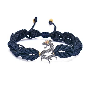 925 Sterling Silver & Gold Pave Diamond Dragon Shape Macrame Adjustable Bracelet - Picture 1 of 4