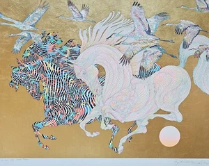 Guillaume Azoulay Le Vol Des Grues (Gold) HAND SIGNED Horse Birds Serigraph art - Picture 1 of 10