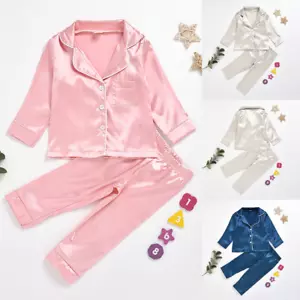 Pajama Set for Kids Baby Boy Girl Button-up Silk Pajama Sleepwear Nightwear PJS - Picture 1 of 18