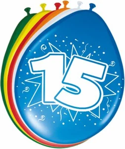 8 X NUMBER 15 LATEX BALLOONS AGE 15TH BIRTHDAY - ASSORTED COLOURS 30CM (12") - Picture 1 of 1