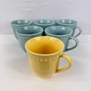 Pottery Barn Emma Beaded Stoneware Mugs 3 3/4" Tall Set of 6 (5 Blue 1 Yellow) - Picture 1 of 5