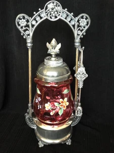 Antique VICTORIAN PICKLE CASTOR Cranberry Coindot Handpainted w/ GORGEOUS INSERT - Picture 1 of 11