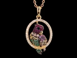 Parrot Pendant 925 Sterling Silver Gilt Created Sapphire Ruby CZ Bird Necklace - Picture 1 of 9