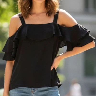 J. Crew Sexy Off the Shoulder Black Ruffle Sleeve Loose Fit Pullover Silk Blouse - Image 1 of 4