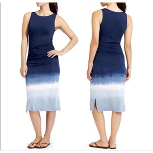 Athleta Midi Dress Tie Dye Tank Sleeveless Ombré Ruched Women Large Blue New - Picture 1 of 11