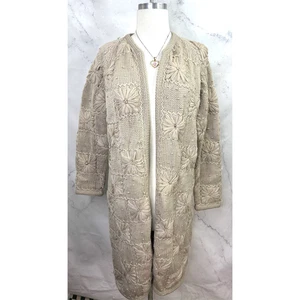 Vtg 50s Lilly of California Wool Duster Cardigan Sweater L Flower Whimsical beig - Picture 1 of 24