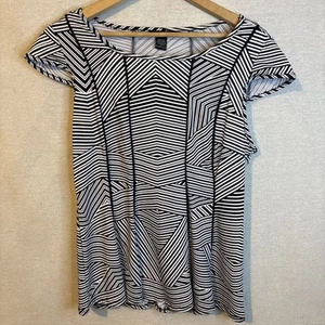 Robert Louis Womens Blouse Large Black White Short Sleeves Geometric Print - Picture 1 of 5