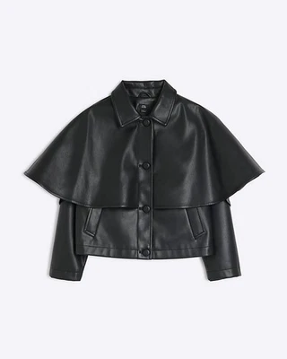 River Island Girls Cape Jacket Black Faux Leather Collared Outerwear Top