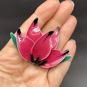 Vintage Hot Pink Enamel Flower Brooch Mid Mod Pin 2.5" 70s Style Floral - Picture 1 of 6