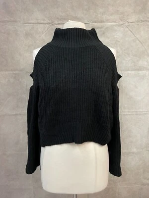 Suéter de algodón para mujer negro acanalado hombro frío cuello alto suéter talla S Foto 1 de 4