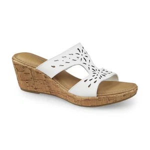 Thom McAn Women's Elise White/Tan Cork Wedge Open-Toe Sandal Shoes - Picture 1 of 10