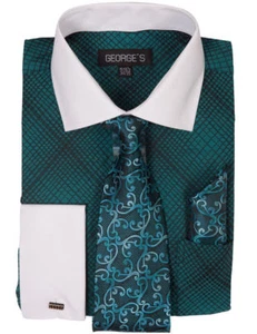 Men's Mini Plaid/Checks Dress Shirt with Tie and Handkerchief French Cuff AH624 - Picture 1 of 15