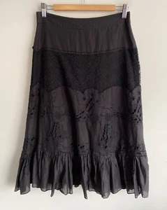 Esprit Cotton Skirt Womens Size 6 Black Lace Eyelet Frill Hem Zip Lined Flowy - Picture 1 of 12