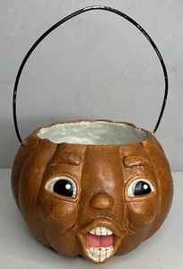 Vintage Halloween Pumpkin Jack O’ Lantern Basket Faces On Both Sides Unmarked - Picture 1 of 9