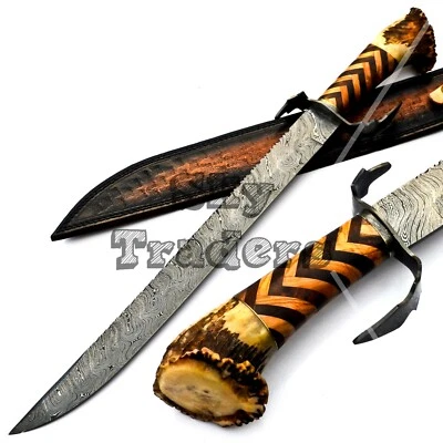 Handmade Damascus Steel sword with stag crone handle & leather cover - Image 1 of 4