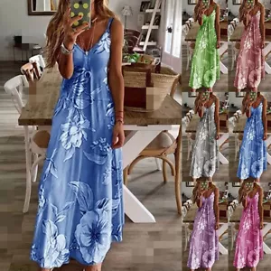 Damen Riemen Blumenmuster Maxikleid Damen Sommer Strand Abend Party Boho Kleid - Bild 1 von 14