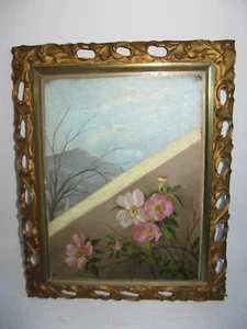 Small Victorian Framed Painting on artist board of Pink Dogwood Floral Branch - Picture 1 of 10