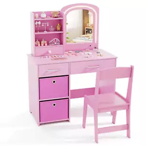 Kids Vanity Set Princess Makeup Desk and Chair w/ Mirror and Lights Open Shelves - Picture 1 of 10