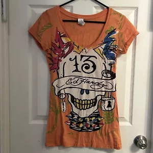 Ed Hardy Damen Shirt Medium Orange Totenkopf Y2K V-Ausschnitt Kurzarm Grafik Baumwolle - Bild 1 von 8