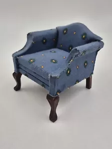 1:6 Miniature Dollhouse Furniture Upholstered Fabric Blue Bergere Arm Chair - Picture 1 of 7