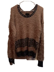 i Jeans by Buffalo Sweater Women's Size Large Brown Black Sequins Fuzzy Teddy - Picture 1 of 11