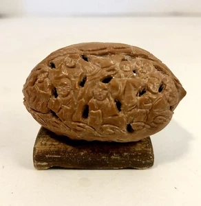 Hand Carved Walnut Hediao Asian Chinese Nut 2" Monks & Plum Blossoms Pierced VTG - Picture 1 of 11