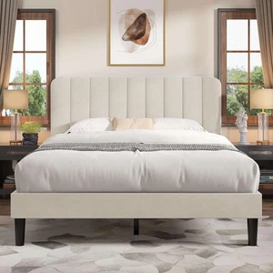 Queen Size Bed Frame with Upholstered Headboard, Velvet Platform Bedframe Mat... - Picture 1 of 6
