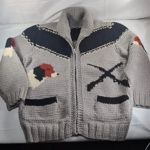 Vintage Beagle Knit Sweater Cowichan Cardigan Cowl Zip 60s L Grey Hunting Dog - Picture 1 of 16