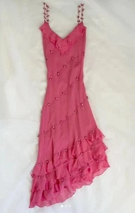 Vintage Pink Rosette Asymmetrical Silk Fairy Beaded Dress - Picture 1 of 4