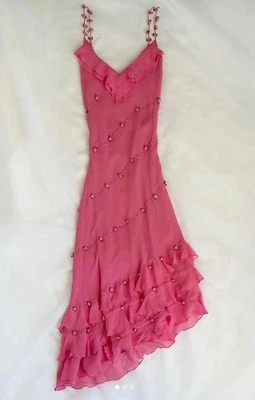 Vintage Pink Rosette Asymmetrical Silk Fairy Beaded Dress - Image 1 of 4