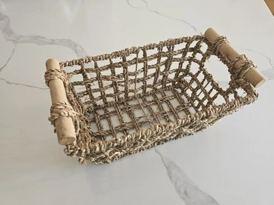 Vintage Rustic Wicker Basket 34cm W Rectangle & Wooden Carry Handles Either Side - Image 1 of 2
