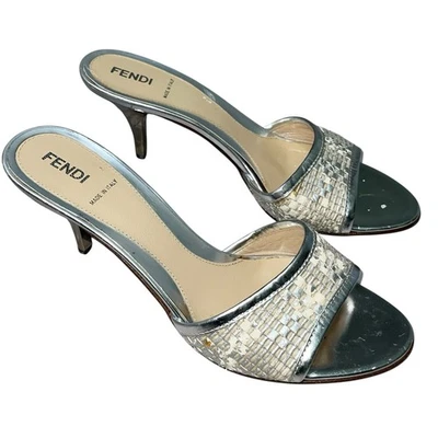 Fendi Vintage Silver Leather Kitten Heels Size 38 US Size 7.5 Y2K Chic Glam - Image 1 of 4