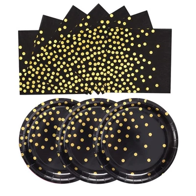 Juego de platos y servilletas de papel negro dorado puntos dorados suministros de fiesta 7" 100 piezas Foto 1 de 4