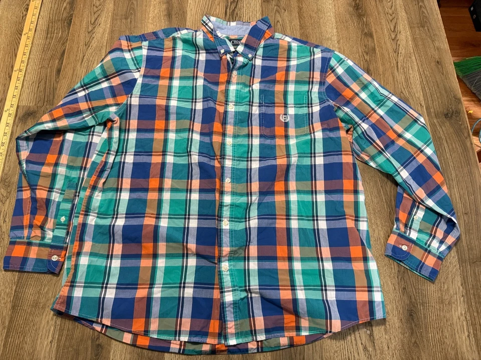 Camisa CHAPS, Para Hombre Talla XXL, Naranja Azul Verde A Cuadros Manga Larga Con Botones Foto 1 de 4