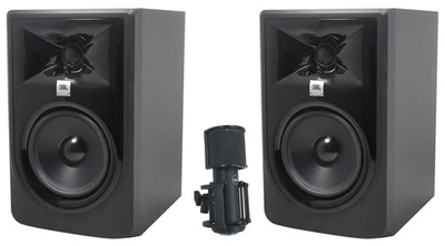 (2) Altavoces monitores de estudio alimentados JBL 305PMKII 5" + micrófono tragaluz de audio cálido Foto 1 de 4