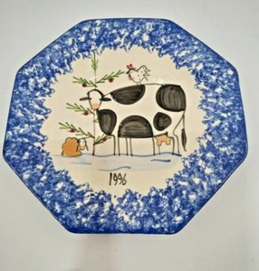 Molly Dallas Cows Blue Spongeware Christmas plate Octagonal 1996 VTG - VGC - Bild 1 von 4