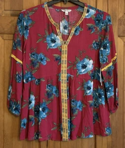 Women's NEW Pioneer Woman Long Sleeve Fuchsia Red Floral V-Neck Blouse - M - Picture 1 of 3