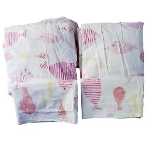 Pottery Barn Kids Full Sheet Set White Pink Fish Flat Fitted 2 Pillowcases