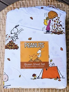 ๐๐NEW Berkshire PEANUTS FALL LEAVES THANKSGIVING Snoopy QUEEN Sheet Set๐๐ - Picture 1 of 5