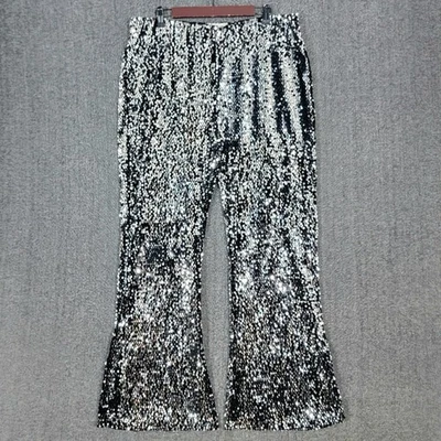 No Boundaries Pants Womens XXL Silver Black Sequin Flared Disco Lined Pull On - Image 1 of 4