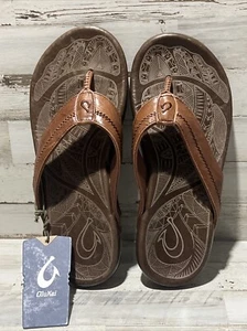 Olukai Men's Hiapo Flip Flop Sandal Rum Dark Wood Leather Size 10&11 MISMATCHED* - Picture 1 of 11