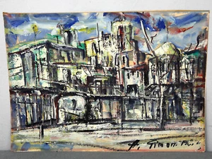 firmado A. Simon Paris pintura al óleo antigua vista de la ciudad casas abstracto Francia - Imagen 1 de 4