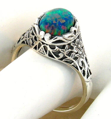 NOUVEAU ANTIQUE STYLE 925 STERLING SILVER LAB-CREATED BLACK OPAL RING       #777 - Image 1 of 4