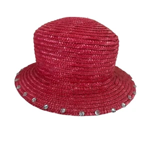 Arlin Sun Hat Womens Summer Red Weaved Straw with Clear Round Gemstones - Picture 1 of 8